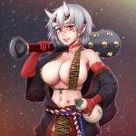  1girl animal_print breasts brown_eyes clip_studio_paint_(medium) commentary_request earrings grin highres holding holding_weapon horiishi_horuto horns japanese_clothes jewelry kimono large_breasts navel navel_piercing oni original piercing pointy_ears revision setsubun short_hair smile solo weapon 