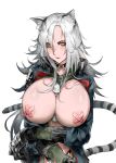  1girl animal_ears areola_slip areolae arknights arms_under_breasts breasts choker collar crossed_arms crossed_bandaids dildo enpix feet_out_of_frame gloves grey_hair highres huge_breasts indra_(arknights) long_hair long_sleeves looking_at_viewer monster_girl open_clothes parted_lips scar scar_on_cheek scar_on_face scar_on_nose sex_toy simple_background slit_pupils solo striped_tail tail white_background white_hair yellow_eyes 