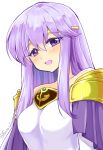  1girl bare_shoulders blush book cape circlet colored_eyelashes detached_sleeves dress eyebrows_visible_through_hair fire_emblem fire_emblem:_genealogy_of_the_holy_war hair_between_eyes highres julia_(fire_emblem) long_hair looking_at_viewer open_mouth purple_eyes purple_hair smile solo twitter_username upper_body white_dress yukia_(firstaid0) 