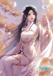  1girl absurdres bird black_hair china_dress chinese_clothes cloud dress feathers hair_ornament highres long_hair lu_xueqi_(zhu_xian) lu_xueqi_tongren_ye sky sword thighhighs weapon weibo_id white_dress zhu_xian 