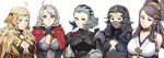 5girls absurdres ahoge armor asymmetrical_bangs bangs bare_shoulders black_hair blonde_hair braid breasts cape capelet chest_harness choker circlet cleavage closed_mouth comb commission commissioner_upload facial_mark fire_emblem fire_emblem_fates grey_eyes grey_hair hairband harness highres hiomaika hood hooded_capelet japanese_clothes leather long_hair looking_at_viewer medium_hair multiple_girls nina_(fire_emblem) nyx_(fire_emblem) ophelia_(fire_emblem) orochi_(fire_emblem) pantyhose purple_eyes purple_hair red_eyes shoulder_armor smile sophie_(fire_emblem) turtleneck upper_body veil white_hair 