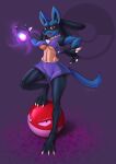  abstract_background ambiguous_gender bottomwear breasts claws clothing duo fangs female hi_res jittermodo lucario navel nintendo open_mouth pok&eacute;mon pok&eacute;mon_(species) red_eyes shorts simple_background standing topwear under_boob video_games voltorb 
