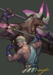  2boys asterius_(hades) axe blonde_hair blue_eyes brown_eyes brown_hair cropped_torso dark-skinned_male dark_skin fingerless_gloves furry furry_male gloves greek_clothes grin hades_(game) highres laurel_crown male_focus minotaur multiple_boys muscular muscular_male nishiki_areku nose_piercing nose_ring piercing polearm single_bare_shoulder smile sparkle spear theseus_(hades) weapon 