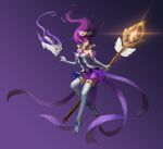  absurdres bangs bare_shoulders blue_eyes breasts dress duoduo_luo_di_guowang elbow_gloves gloves gradient gradient_background hair_ornament high_heels highres holding holding_staff janna_(league_of_legends) large_breasts league_of_legends long_hair magical_girl official_alternate_costume pointy_ears purple_dress purple_hair staff star_(symbol) star_guardian_(league_of_legends) star_guardian_janna thighhighs white_dress white_legwear 