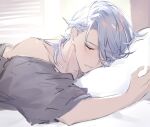  1boy bangs bed blush closed_eyes closed_mouth genshin_impact grey_shirt gumilkx hair_between_eyes hair_over_one_eye highres kamisato_ayato lying male_focus on_stomach pillow shirt silver_hair sleeping solo upper_body 