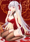  1girl absurdres alternate_costume azur_lane bare_shoulders black_garter_straps breasts brown_legwear china_dress chinese_clothes cleavage cleavage_cutout clothing_cutout dress elbe_(azur_lane) from_side full_body highres large_breasts light_purple_hair long_hair looking_at_viewer pelvic_curtain pink_eyes qiao_gongzi red_background seiza sitting sleeveless sleeveless_dress solo thighhighs very_long_hair 