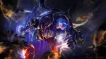  1boy alternate_costume armor blue_eyes darius_(league_of_legends) from_side gauntlets glowing glowing_eyes highres holding holding_weapon league_of_legends magic short_hair solo space translation_request weapon wutu_(1183238220) 