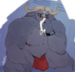  2022 anthro arkanoego belly big_bulge big_muscles blue_background bodily_fluids bovid bovine bulge cape_buffalo chief_bogo clock clothing disney english_text fur genital_fluids hi_res holding_clothing holding_object holding_underwear horn huge_muscles inside jockstrap locker_room male mammal musclegut muscular muscular_anthro muscular_male narrowed_eyes nipples pecs precum precum_through_clothing precum_through_jockstrap precum_through_underwear profanity signature simple_background sitting smile sniffing solo text thick_thighs tuft underwear underwear_sniffing watch wet wet_clothing zootopia 