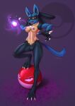  abstract_background ambiguous_gender breasts claws duo fangs female genitals hi_res jittermodo lucario navel nintendo nipples open_mouth pok&eacute;mon pok&eacute;mon_(species) pussy red_eyes simple_background standing video_games voltorb 