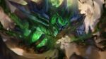  1boy absurdres alternate_costume blurry colored_skin glowing glowing_eyes green_skin green_theme highres league_of_legends male_focus malphite solo wutu_(1183238220) 