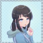  1girl black_hair blue_eyes blue_sweater english_commentary folded_hair food hair_rings highres hood hooded_sweater hoodie long_hair looking_at_viewer mantenz nagi_no_asukara pocky polka_dot polka_dot_background shiodome_miuna solo sweater twintails upper_body 