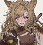  1girl animal_ears aogisa arknights bangs blood blood_on_face blush breasts brown_hair brown_shirt buckle ceobe_(arknights) collar dog_ears eyebrows_visible_through_hair fangs highres large_breasts long_hair long_sleeves looking_at_viewer messy_hair open_mouth red_eyes shirt simple_background solo upper_body weapon weapon_on_back white_background 