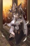  1girl absurdres animal_ears asymmetrical_legwear bangs black_dress blue_hair breast_curtains breasts brown_hair closed_eyes crossed_bangs detached_sleeves dress extra_ears eyebrows_visible_through_hair feathers full_body galleon_(granblue_fantasy) gloves granblue_fantasy hair_between_eyes hair_ornament hands_up highres holster horns jimwh37 kneeling large_breasts multicolored_hair pelvic_curtain pointy_ears simple_background single_leg_pantyhose single_thighhigh smile solo streaked_hair thigh_holster thigh_strap thighhighs veil white_gloves 