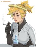  1girl artist_name bags_under_eyes blonde_hair bodysuit bottle breasts cigarette commentary depressed earrings empty_eyes english_commentary glass_bottle halo high_ponytail highres holding holding_bottle holding_cigarette jewelry lips looking_down mechanical_halo medium_breasts mercy_(overwatch) overwatch pearl_earrings ponytail short_hair sitting smoke smoking solo twitter_username upper_body wallace_pires white_bodysuit 