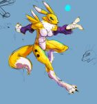  action_pose anthro bandai_namco black_sclera blue_background blue_eyes breasts colored_sketch digimon digimon_(species) facial_markings featureless_breasts featureless_crotch female fur head_markings hi_res jittermodo markings on_one_leg pose renamon simple_background sketch solo standing thigh_marking white_body white_fur yellow_body yellow_fur yin_yang 