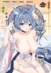  1girl 2022 absurdres animal_ear_fluff asashio_(azur_lane) asashio_(robes_of_dancing_clouds)_(azur_lane) azur_lane bare_shoulders blue_choker blue_eyes blue_hair breasts choker cleavage dress flower hair_flower hair_ornament hand_fan happy_new_year highres jie_xian_(tsuki) large_breasts long_hair looking_at_viewer new_year official_alternate_costume oppai_loli pelvic_curtain pink_flower sakura_empire_(emblem) very_long_hair white_dress wide_sleeves 