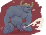  2022 anthro arkanoego belly big_muscles big_penis bodily_fluids bovid bovine breath bulge cape_buffalo chief_bogo clock clothing clothing_aside cum cumshot disney ejaculation erection eyes_closed foreskin fur genital_fluids genitals hi_res horn huge_muscles humanoid_genitalia humanoid_penis inside jockstrap jockstrap_aside kneeling locker_room male mammal masturbation musclegut muscular muscular_anthro muscular_male navel nipples pecs penile penile_masturbation penis red_background signature simple_background smile solo tuft underwear underwear_aside watch zootopia 