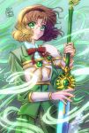  1girl armor armored_dress bangs bow bowtie brown_hair brown_hairband clamp_(style) closed_mouth cowboy_shot dated green_background green_eyes green_jacket green_skirt green_theme hairband holding holding_sword holding_weapon hououji_fuu jacket left-handed looking_at_viewer magic_knight_rayearth official_style parted_bangs red_bow red_bowtie round_eyewear school_uniform short_hair signature skirt smile solo standing sword tuka_ryo weapon wind 