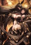  1girl bangs bare_shoulders black_dress black_gloves blush breasts brown_hair cleavage dress elbow_gloves fate/apocrypha fate/grand_order fate_(series) fur_trim genyaky gloves gold_trim highres large_breasts long_hair looking_at_viewer navel pointy_ears semiramis_(fate) sidelocks slit_pupils spikes very_long_hair yellow_eyes 