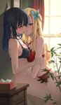  2girls absurdres against_wall asymmetrical_docking backlighting black_hair blonde_hair blue_eyes blurry blush boku_wa_tomodachi_ga_sukunai bottomless breast_press breasts bug butterfly butterfly_hair_ornament collarbone curtains depth_of_field hair_ornament heart heart-shaped_pupils highres implied_fingering indoors kabedon kashiwazaki_sena lips long_hair medium_breasts mikazuki_yozora mirror multiple_girls purple_eyes pussy_juice smile sooon symbol-shaped_pupils table tissue_box twitter_username underwear underwear_only window yuri 