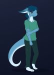  anthro barefoot blue_body blue_fur blue_hair bottomwear clothed clothing dragon feet female fur fur_markings furred_dragon giru_(artist) green_eyes hair hi_res holding_arm markings myriam_(giru) satnding shy solo topwear white_body white_fur young 