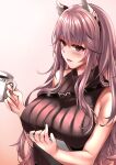 1girl animal_ear_fluff animal_ears bangs blush breasts brown_sweater_vest coffee_cup cup disposable_cup eyebrows_visible_through_hair girls&#039;_frontline highres holding holding_cup holding_notepad large_breasts lips long_hair looking_at_viewer notepad open_mouth persica_(girls&#039;_frontline) pink_eyes pink_hair simple_background solo sweater_vest upper_body xlscaler 