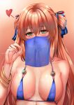  1girl bangs bare_shoulders bikini bikini_top_only blue_bikini blush bracelet breasts collarbone covered_mouth covered_nipples cum cum_on_body cum_on_fingers eyebrows_visible_through_hair girls&#039;_frontline green_eyes hair_ornament hair_ribbon heart heart_print highres jewelry long_hair looking_at_viewer medium_breasts nail_polish orange_hair pink_nails ribbon simple_background solo springfield_(girls&#039;_frontline) swimsuit upper_body veil xlscaler 
