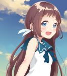  017 1girl blue_eyes blue_sailor_collar blue_sky brown_hair cloud dress long_hair looking_at_viewer mukaido_manaka nagi_no_asukara nami_junior_high_school_uniform sailor_collar sailor_dress school_uniform serafuku sky sleeveless sleeveless_dress smile solo upper_body white_dress 