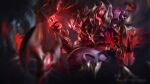  1boy 1other armor blade blurry blurry_foreground facing_another from_side glowing glowing_eyes helm helmet highres league_of_legends open_mouth red_eyes red_theme sharp_teeth shoulder_armor tagme teeth weapon wutu_(1183238220) zed_(league_of_legends) 