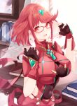  1girl absurdres bangs black_gloves breasts chest_jewel earrings fingerless_gloves gem glasses gloves headpiece highres jewelry large_breasts pyra_(xenoblade) red_eyes red_hair red_legwear red_shorts risumi_(taka-fallcherryblossom) short_hair short_shorts shorts solo swept_bangs thighhighs tiara xenoblade_chronicles_(series) xenoblade_chronicles_2 
