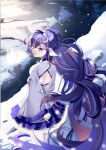  +_+ 1girl absurdly_long_hair absurdres azur_lane back_cutout chinese_new_year clothing_cutout dress from_behind hair_between_eyes highres long_hair looking_at_viewer looking_back multicolored_hair official_alternate_costume pantyhose purple_dress purple_eyes purple_hair snow solo standing streaked_hair two-tone_dress two-tone_hair very_long_hair weinayi white_dress white_hair white_legwear wide_sleeves yoizuki_(azur_lane) yoizuki_(firecrackers_and_steamed_buns)_(azur_lane) 