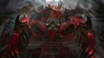  1boy absurdres armor blood bone character_request check_character fake_horns from_below full_armor glowing grey_background helm helmet highres horned_helmet horns league_of_legends male_focus mordekaiser red_eyes red_theme sitting solo spine stairs wutu_(1183238220) 