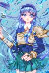  1girl :d armor armored_dress blue_eyes blue_hair blue_hairband blue_jacket blue_skirt blue_theme clamp_(style) cowboy_shot dated hairband holding holding_sword holding_weapon jacket left-handed long_hair looking_at_viewer magic_knight_rayearth official_style open_mouth rapier ryuuzaki_umi school_uniform signature skirt smile solo standing sword tuka_ryo water weapon 