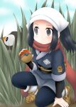  akari_(pokemon) blue_hair grass grey_eyes holding holding_poke_ball kneeling long_hair on_grass ouno_(nounai_disintegration) poke_ball poke_ball_(legends) pokemon pokemon_(game) pokemon_legends:_arceus red_scarf scarf sidelocks starly 