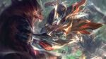  2boys absurdres armor blue_eyes blurry blurry_background clenched_hand colored_skin from_above galio helm helmet highres league_of_legends multiple_boys open_mouth red_skin renekton reptile_boy sharp_teeth teeth wings wutu_(1183238220) 