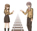  1boy 1girl black_legwear blazer blue_eyes brown_eyes brown_hair brown_jacket brown_pants brown_skirt commentary_request feet_out_of_frame half_updo hisanuma_sayu isaki_kaname jacket kneehighs mihama_junior_high_school_uniform nagi_no_asukara necktie noke_(pixiv67517151) orange_necktie pants pleated_skirt railroad_tracks school_uniform simple_background skirt string string_of_fate white_background 