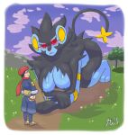  all_fours alpha_pok&eacute;mon anthro big_breasts breasts clothed clothing female hi_res human larger_anthro larger_female luxray male mammal nineka nintendo nude outside pok&eacute;mon pok&eacute;mon_(species) red_sclera size_difference smaller_male video_games 