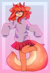  acorn balancing_on_foot big_tail bottomwear clothing female focused food fruit hi_res kayla_squirrel llamadoodles mammal nut_(fruit) plant rodent sciurid skirt solo sweatshirt tongue tongue_out 