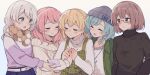  5girls aqua_hair bang_dream! beanie blonde_hair blue_eyes brown_hair closed_eyes glasses grey_hair handkerchief happy_tears hat hikawa_hina holding_hands kauchipoteto long_hair maruyama_aya medium_hair multiple_girls pastel_palettes pink_hair shirasagi_chisato smile sweater tears upper_body wakamiya_eve yamato_maya 