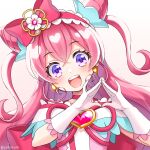  1girl :d blush bow choker cure_precious delicious_party_precure double_bun earrings flower frilled_hairband frills gloves hair_bow hair_cones hair_flower hair_ornament hairband heart heart_brooch jewelry long_hair looking_at_viewer magical_girl nagomi_yui open_mouth pink_bow pink_choker pink_hair pink_hairband precure purple_eyes shiny shiny_hair simple_background smile solo twitter_username two_side_up upper_body white_background white_gloves yukinko_(yukiwork) 