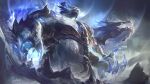  1boy 2others absurdres armor artist_name aurelion_sol_(league_of_legends) bear blurry blurry_foreground braid claws dragon eastern_dragon from_below giant glowing glowing_eyes helmet highres league_of_legends mountain multiple_others open_mouth volibear white_eyes white_fur wutu_(1183238220) 