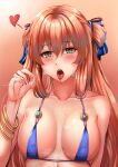  1girl bangs bare_shoulders bikini bikini_top_only blue_bikini blush bracelet breasts collarbone covered_nipples cum cum_on_body cum_on_fingers eyebrows_visible_through_hair girls&#039;_frontline green_eyes hair_ornament hair_ribbon heart heart_print highres jewelry long_hair looking_at_viewer medium_breasts nail_polish open_mouth orange_hair pink_nails ribbon saliva simple_background solo springfield_(girls&#039;_frontline) swimsuit teeth tongue tongue_out upper_body upper_teeth xlscaler 