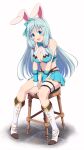  1girl animal_ears arifureta_shokugyou_de_sekai_saikyou bangs between_legs blue_eyes blue_ribbon blue_skirt boots breasts chair cleavage hair_ornament hair_ribbon hand_between_legs high_heel_boots high_heels highres ishida_seito kemonomimi_mode light_blue_hair looking_at_viewer miniskirt open_mouth rabbit_ears rabbit_tail ribbon shea_haulia sidelocks sitting skirt smile solo tail white_footwear 