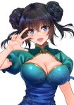  1girl bangs black_hair blue_dress blue_eyes blush breasts china_dress chinese_clothes cleavage cleavage_cutout clothing_cutout double_bun dress highres large_breasts long_hair looking_at_viewer open_mouth original puffy_short_sleeves puffy_sleeves short_sleeves sidelocks smile solo twintails w youshuu 