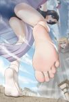  2girls 52012378 absurdres ankle_wrap ass barefoot black_hair black_panties blue_eyes cloak dragon_girl dragon_horns elma_(maidragon) embarrassed evil_smile feet foot_focus from_below giant giantess glowing glowing_eyes highres horns kobayashi-san_chi_no_maidragon leg_wrap multicolored_hair multiple_girls open_mouth orange_hair panties purple_hair red_eyes ruins short_hair single_horn single_sock sky slit_pupils smile socks soles tabi toes tohru_(maidragon) underwear 