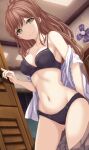  1girl ass_visible_through_thighs bang_dream! bare_shoulders black_bra black_panties bra breasts brown_hair brown_skirt closed_mouth clothes_pull collarbone cowboy_shot green_eyes highres imai_lisa long_hair looking_at_viewer medium_breasts narafume navel off_shoulder open_clothes open_shirt panties ponytail shirt skirt skirt_pull smile solo spaghetti_strap stomach thighs underwear white_shirt 