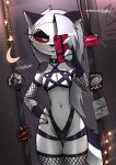  2022 absurd_res anthro breasts canid canid_demon cellphone cleavage clothed clothing demon digital_media_(artwork) female fishnet fishnet_armwear fishnet_legwear fur hair hellhound helluva_boss hi_res holding_object jizoku legwear long_hair looking_at_viewer loona_(helluva_boss) mammal mirror navel phone red_sclera reflection skimpy solo text tongue tongue_out 