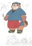  2022 anthro apron asian_clothing black_nose brown_body canid canine clothing east_asian_clothing eyewear food glasses group hat headgear headwear humanoid_hands japanese_clothing japanese_text kemono male mammal mature_male overweight overweight_male raccoon_dog solo spatula tanuki tentama text tools wantaro 