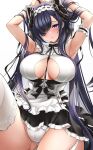  1girl :o armpits arms_up august_von_parseval_(azur_lane) august_von_parseval_(the_conquered_unhulde)_(azur_lane) azur_lane bangs between_breasts blush breasts cameltoe commentary_request eyebrows_visible_through_hair feet_out_of_frame garter_straps hair_between_eyes hair_over_one_eye hands_in_hair highres horns large_breasts long_hair looking_at_viewer maid maid_headdress official_alternate_costume panties purple_eyes purple_hair revision sitting solo thighhighs underwear very_long_hair white_background white_legwear white_panties yukinimaru 