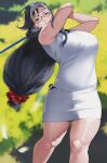  1girl absurdres bangs bare_shoulders black_hair blurry blurry_background breasts closed_mouth commentary_request covered_nipples day glasses golf_club green_eyes hair_ornament highres holding large_breasts lips long_hair low-tied_long_hair original outdoors petals semi-rimless_eyewear shiny shiny_skin skirt sleeveless solo thighs visor_cap white_skirt yoshio_(55level) 